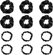 GHPKOTW Pack of 12 Silk Hair Bobbles Black Elastic Hair Scrunchie Small Hair Accessories Hair Bands Women Silk Girls Ponytail Hair Rings (Two Sizes)