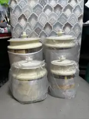 NOS Tupperware Counterparts Acrylic 4 Pc Set Canister Almond Push-Button Seal
