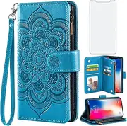 Asuwish Compatible with iPhone Xs X 10 10s Wallet Case and Tempered Glass Screen Protector Leather Flip Card Holder Cell Phone Cover for iPhoneX iPhoneXs iPhone10 i PhoneX SX 10x 10xs X’s Women Blue
