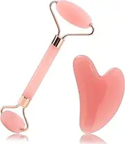 2 Pieces Jade Roller and Gua Sha Tool, Face Roller, Facial Beauty Roller Skin Care Tools Rose Quartz Massager for Face, Eyes, Neck, Body Muscle Relaxing and Relieve Fine Lines and Wrinkles