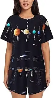[JEJEA] Solar System Jupiter Saturn print 2 Piece Womens Pajama Set With Pockets Ladies Pjs Summer Sleepwear Set Round Neck Short Sleeve