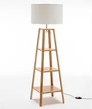 [New Oriental] 3 Square Storage Shelves Rubberwood Floor Lamp with Shade, Natural