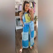 NWT Aerie Wide Leg Slit Halter Neck Blue Patchwork Jumpsuit , XL