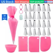 Pink Piping Bags & Tips Set, Stainless Steel Nozzles, Reusable Pastry Bag Kit