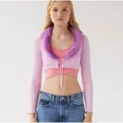 Urban Outfitters Ribbed Cropped Cardigan Faux Fur Tie Front Sweater size M NWT
