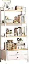 4 Tier Bookshelf with Double Draw, Tall Narrow Bookcase with Shelves, Wood and Metal Book Shelf Storage Organizer, Modern Display Standing for Bedroom, Living Room, Office