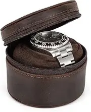 [CONTACTS] Crazy Horse Leather Watch Case CONTACT'S Travel Watch Box Zipper Watch Roll for Men 1 Slot Watches Storage Pouch Brown Watch Holder