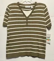 Alfred Dunner Sweater Women’s Large Brown White Stripe Layered Look Short Sleeve
