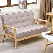 Modern Childrens Sofa with Wooden Arms, Tufted Fabric Upholstery, Blue, 2-Seater