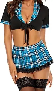 Lidogirl Women Tie-Front Crop Top And Lace Trim Plaid Skirt Set With Stockings XS-2XL