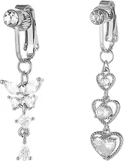 [VLIEGEN] 2PCS Fake Belly Button Ring Fake Belly Piercing Fake Belly Button Piercing Clip On Belly Button Rings CZ Dangle Heart Butterfly Fake Belly Rings Clip On Belly Button Piercing