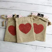 Valentine's Day Burlap Heart Gift Bag 7 x 5" Drawstring Pouch Party Favor Treats