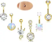 [UBGICIG] 6 Pcs 14G Hypoallergenic Surgical Steel Belly Button Ring Cubic Zirconia Imitation Diamond Opal Belly Button Barbs Body Piercing Set