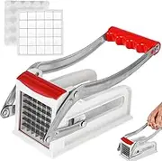 French Fry Cutter Multifunction Potato Chipper Stainless Steel Cutting Potato Chip Cutter Handheld Vegetable Fruit Chipper Manual Food Slicer Dicer with 25/49 Holes Blades for Potato (red)
