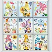 Whaline 9 Sheets Spring Gnome Flower Window Clings Watercolor Floral Butterfly Birds Window Stickers Easter Colorful Reusable Static Window Decals for Home School Party Decor Supplies