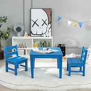 HONEY JOY 3-Piece Kids Table & Chairs Set, Heavy-Duty All-Weather Toddler Activity Table Set Made of Waterproof, Sunscreen & Anti-Fading HDPE, Indoor Outdoor Desk and Chairs for Home Backyard (Blue)