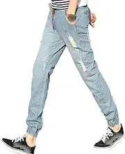 [Zylphorix] Men Wash Stretch Harem Denim Pants Casual Cozy Drawstring Feet Jeans Y2K Classic Mid Waist Elastic Trousers, Light Blue2, Large