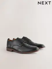 Black Standard Fit Leather Contrast Sole Brogue Shoes (367095) | $113