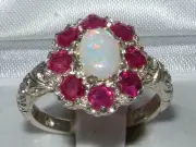 Solid 14k White Gold Natural Opal & Ruby Womens Cluster Ring - Sizes 4 to 12