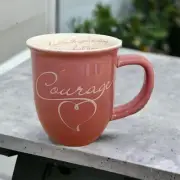 New Abbey Press Coffee Mug Approx 12oz Courage Psalm 27:14 Written Inside Pink