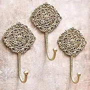 Indian Shelf Brass Hooks for Keys - Boho Wall Decorative Hooks - Shabby Chic French Vintage Antique Coat Hooks - Gold 3 Pieces