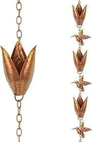 Rain Chains for Gutters, 8.5 Ft Rain Water Chain with 10 Tulip Cups & Detachable Hummingbird Decor, Adjustable Gold Rain Catcher Chain, Replacement for Downspout, Iron