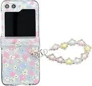 for Samsung Galaxy Z Flip 6 Floral Case with Colorful Pearl Chain Wristband Strap Bracelet Keychain Cute Case for Girls Slim Clear Shockproof PC Cover for Galaxy Z Flip 6 5G 2024, Pink Flowers