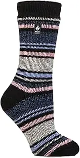 [HEAT HOLDERS] | Sockshop | Ladies Original Twist Striped Thermal Boot Socks | Winter Warm | Bigfoot | Women's UK9-12 US10-13 | Geneva Black/Denim Stripe