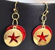 Gold Tone Cutout Starfish Overlaid On Red Shell Earrings. Beach. Ocean. Coast.