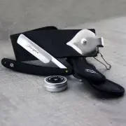 3 Pieces Men's Shaving Kit In Black With Leather Strop, Straight Razor & Paste