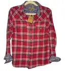 Jachs Girlfriend Bea Shirt Size S Red Plaid Flannel Snap Button Roll Tab Sleeves