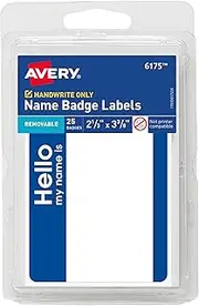 Avery Customizable Name Tags, Hello My Name is, 2-1/3" x 3-3/8", White, Blue Border, Removable Adhesive, Non-Printable, 25 Total (6175)