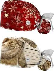 [WOSHJIUK] Working Hat 2 Pack Scrub Caps for Women,Christmas Gold White Snowflakes,Tie Back Cap Adjustable Scrub Hat