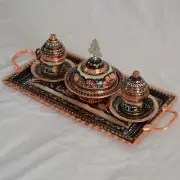 Hand painted copper coffee cup set for two, Turkish traditional coffee set