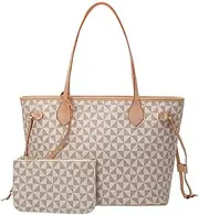 [BTYAW] Women Leather Tote Bag with Wallet Set Triangle Print Satchel Purse&Shoulder Bag Top Handle Handbag Work Travel (2PCS)