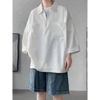 在飛比找ETMall東森購物網優惠-美式半拉鏈Polo衫男夏季潮牌大口袋七分袖T恤純白色over