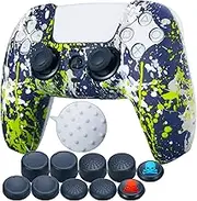 1 Piece of Silicone Transfer Print Protective Cover Skin + 10 Thumb Grips for Playstation 5 / PS5 / Dualsense Controller Green Graffiti
