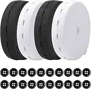 Yookat 4 Rolls Elastic Band with Holes Elastic Band Button Elastic Button Holes Sewing Elastic Bands with Buttonhole and 100Pcs 18mm Black Resin Button (black and white, 3/4 inch)