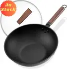 Carbon Steel Wok, 13" Wok Non Stick Wok Pan with Lid, Woks & Stir-Fry Pans for E