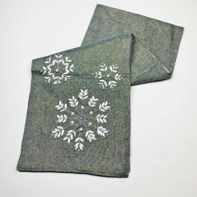 Silver Snowflake Christmas Beaded Ribbon Art Linen 72" Table Runner