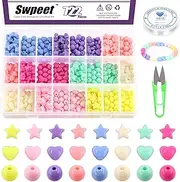 Swpeet 722Pcs 8 Candy Colors 7/11mm Acrylic Beads Colorful Plastic Cute Loose Beads Star Heart Round Beads Kit Includes Elastic Strings, Scissors for Girls Bracelets Jewelry Making DIY Crafts