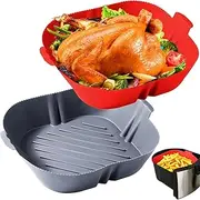 2Pcs Silicone Air Fryer Liners, H HOME-MART Air Fryer Silicone Reusable Liners Square, Food Safe Air Fryer Accessories, Replacement of Parchment Liner Paper, Air Fryer Silicone Baking Tray (Red+Grey)