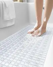 DEXI Bath Tub Shower Mat Non-Slip 16 x 39 Extra Long Bathtub Mats, Suction Cups, Drain Holes, Machine Washable Bathroom Bathmat, Clear