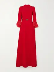 [ANDREW GN] ANDREW GN - Belted Embellished Feather-trimmed Crepe Gown - Red - FR42 FR 42 Red