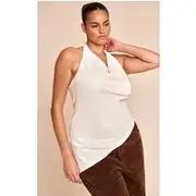 Plus Cream Textured Cowl Neck Asymmetric Hem Long Top, Cream