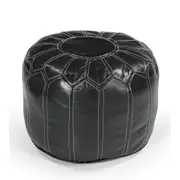 Moroccan Black Leather Ottoman with Handcrafted Pouffe Footrest with Cotton Trim