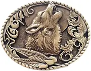 [JEAN'S FRIEND] Antique Bronze Plated Howling Wolf Western Metal Oval Belt Buckle, Antique Bronze