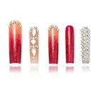|Luxury Ombre Red Glitter Gems Handmade Press on Nails|Long Square Stick on Nail