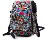 [AWXZOM] small Embroidered purse,Embroidered cell phone crossbody bag Coin Purse mexican purse Vintage wallet small crossbody cell phone purse, Black