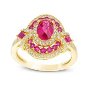 Oval Lab-Created Ruby and White Sapphire Triple Frame V-Sides Ring in Sterling Silver with Solid 14K Gold Plate